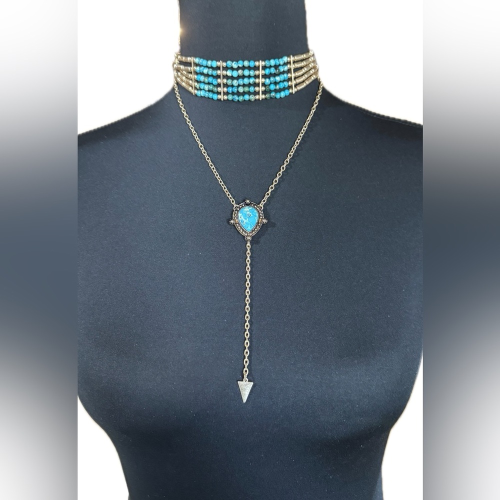 Shyanne Gold Layered Metal Turquoise and Silver Layered Necklace